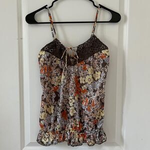 Hollister Vintage Y2K Brown Floral Boho Woven Trim Tank Top